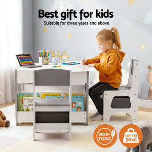 Kids Table Set | 4-in-1 Activity Table + Bookcase + Storage + Blackboard | Grey