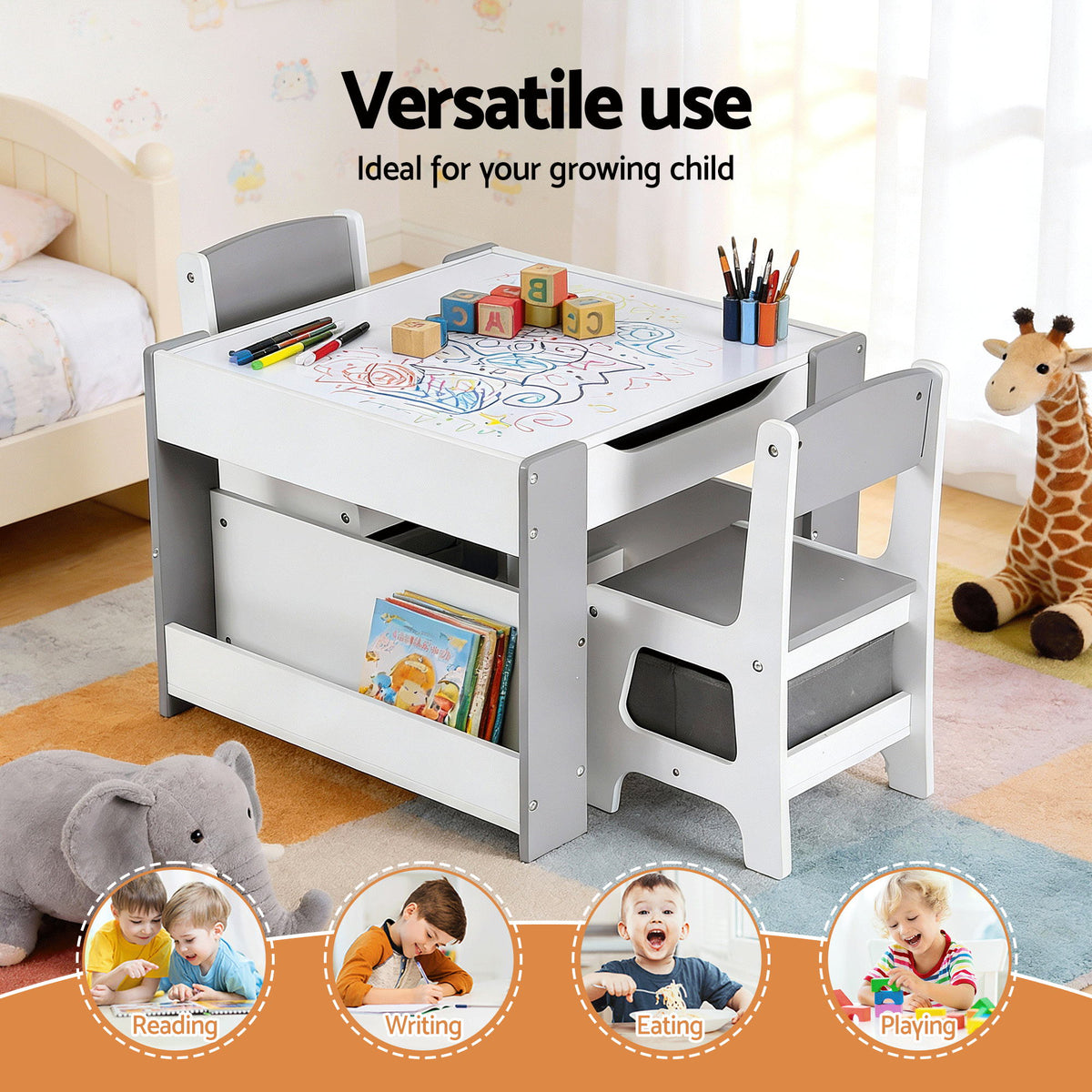Kids Table Set | 4-in-1 Activity Table + Bookcase + Storage + Blackboard | Grey