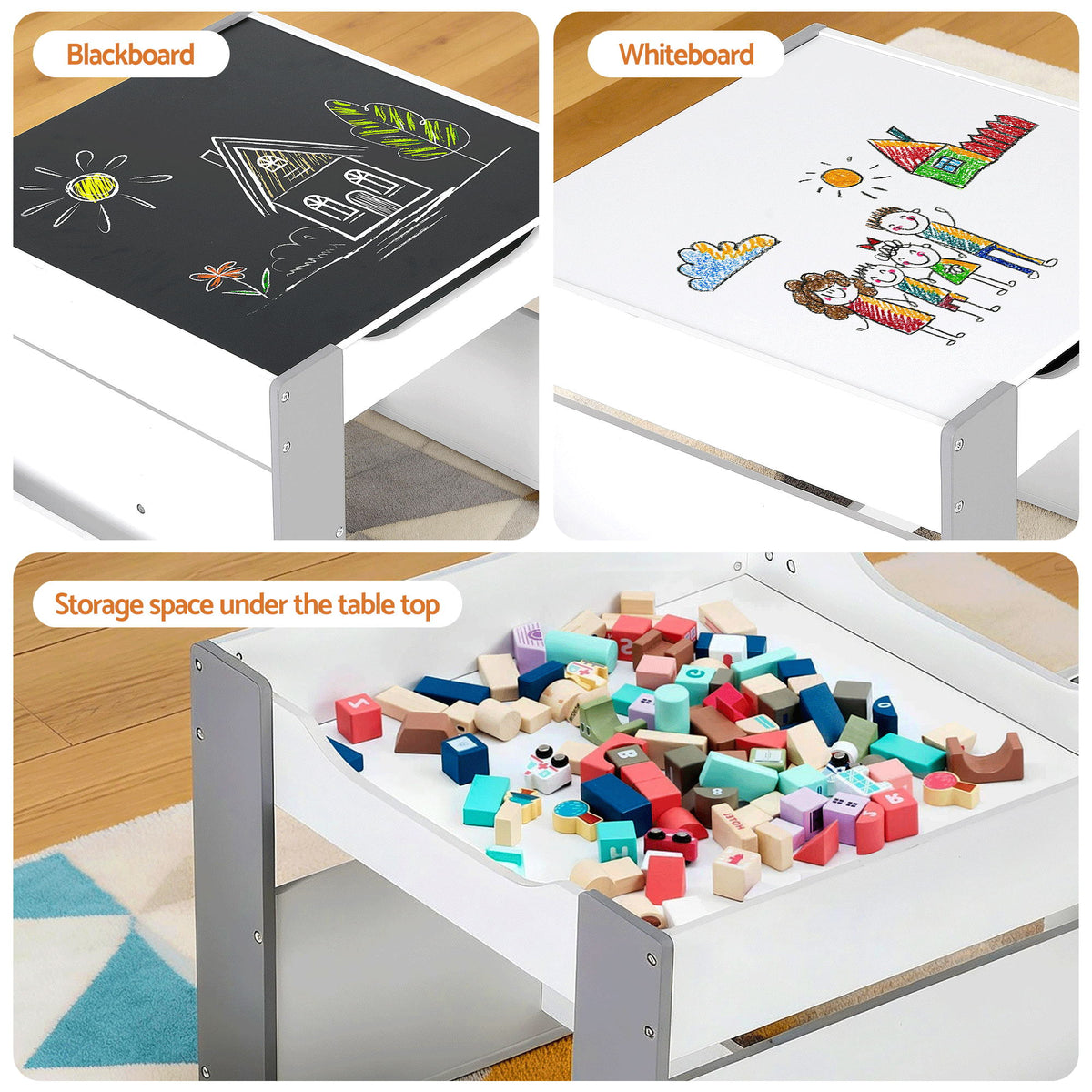Kids Table Set | 4-in-1 Activity Table + Bookcase + Storage + Blackboard | Grey