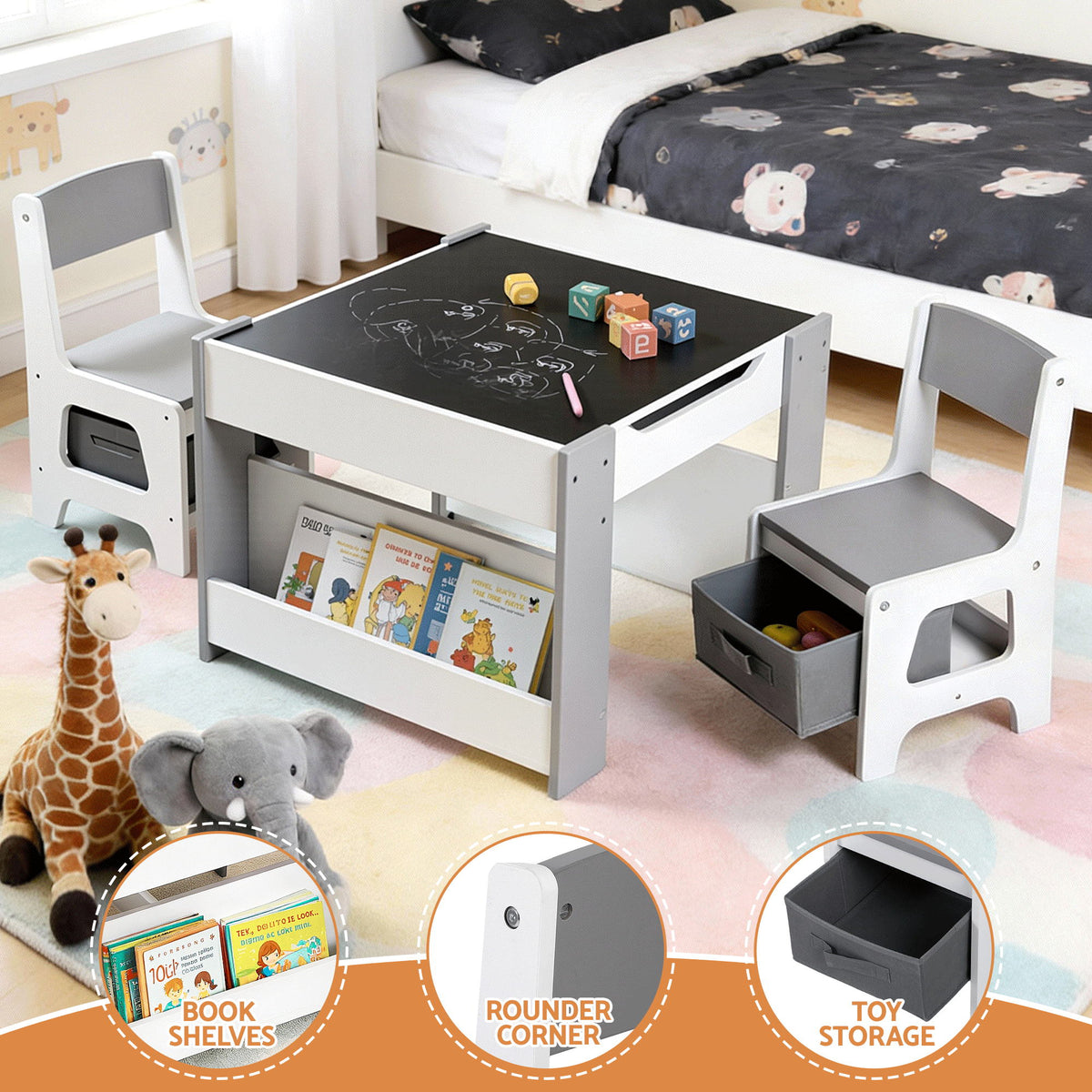 Kids Table Set | 4-in-1 Activity Table + Bookcase + Storage + Blackboard | Grey