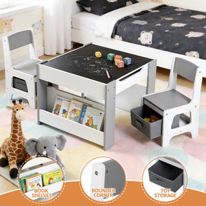 Kids Table Set | 4-in-1 Activity Table + Bookcase + Storage + Blackboard | Grey