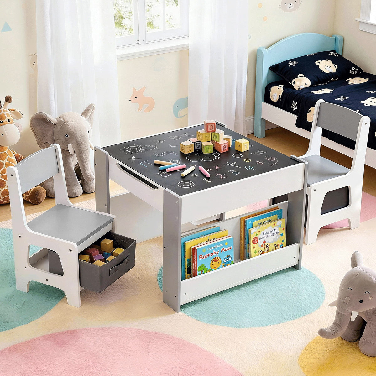 Kids Table Set | 4-in-1 Activity Table + Bookcase + Storage + Blackboard | Grey