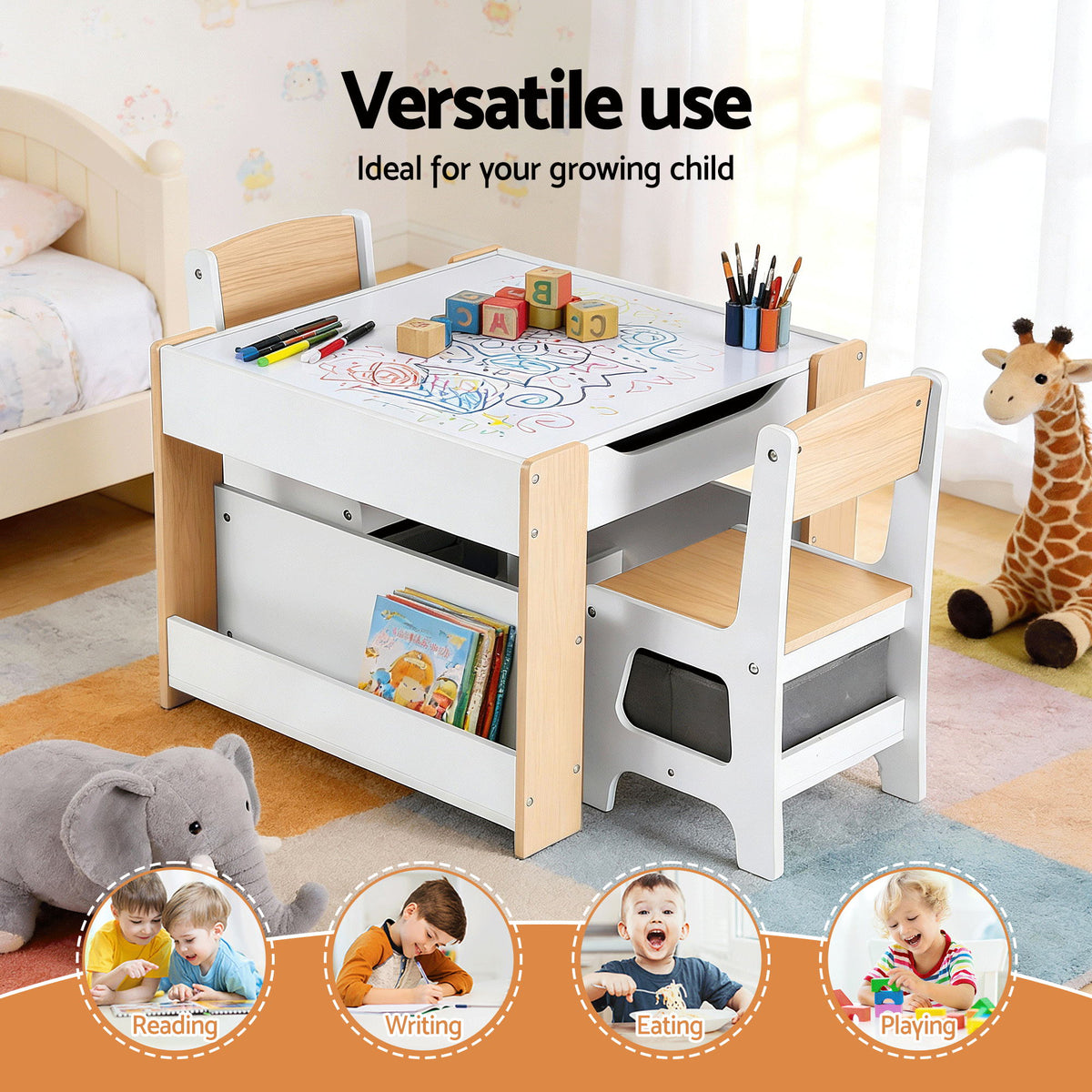 Kids Table Set | 4-in-1 Activity Table + Bookcase + Storage + Blackboard | Natural