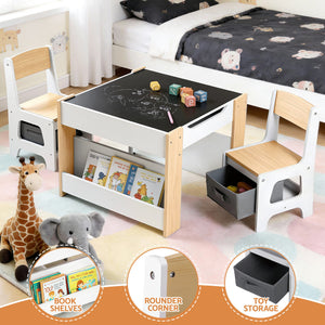 Kids Table Set | 4-in-1 Activity Table + Bookcase + Storage + Blackboard | Natural