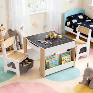 Kids Table Set | 4-in-1 Activity Table + Bookcase + Storage + Blackboard | Natural