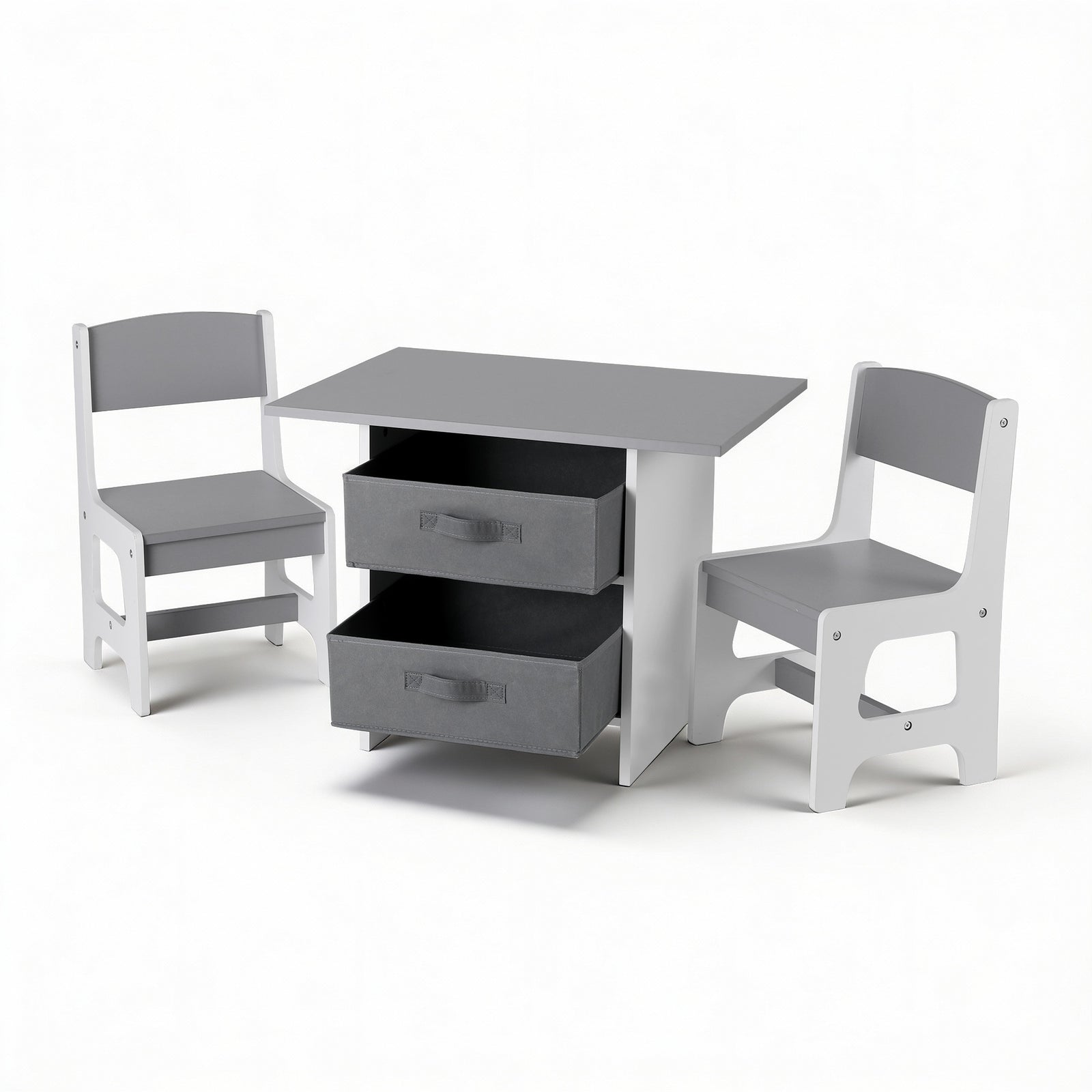 Kids Activity Table Set 3pc | Wooden Table + 2 Chairs | 2 Storage Drawers | Grey