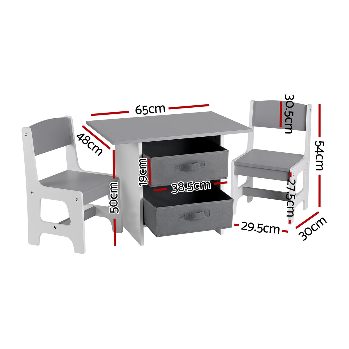 Kids Activity Table Set 3pc | Wooden Table + 2 Chairs | 2 Storage Drawers | Grey