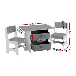Kids Activity Table Set 3pc | Wooden Table + 2 Chairs | 2 Storage Drawers | Grey