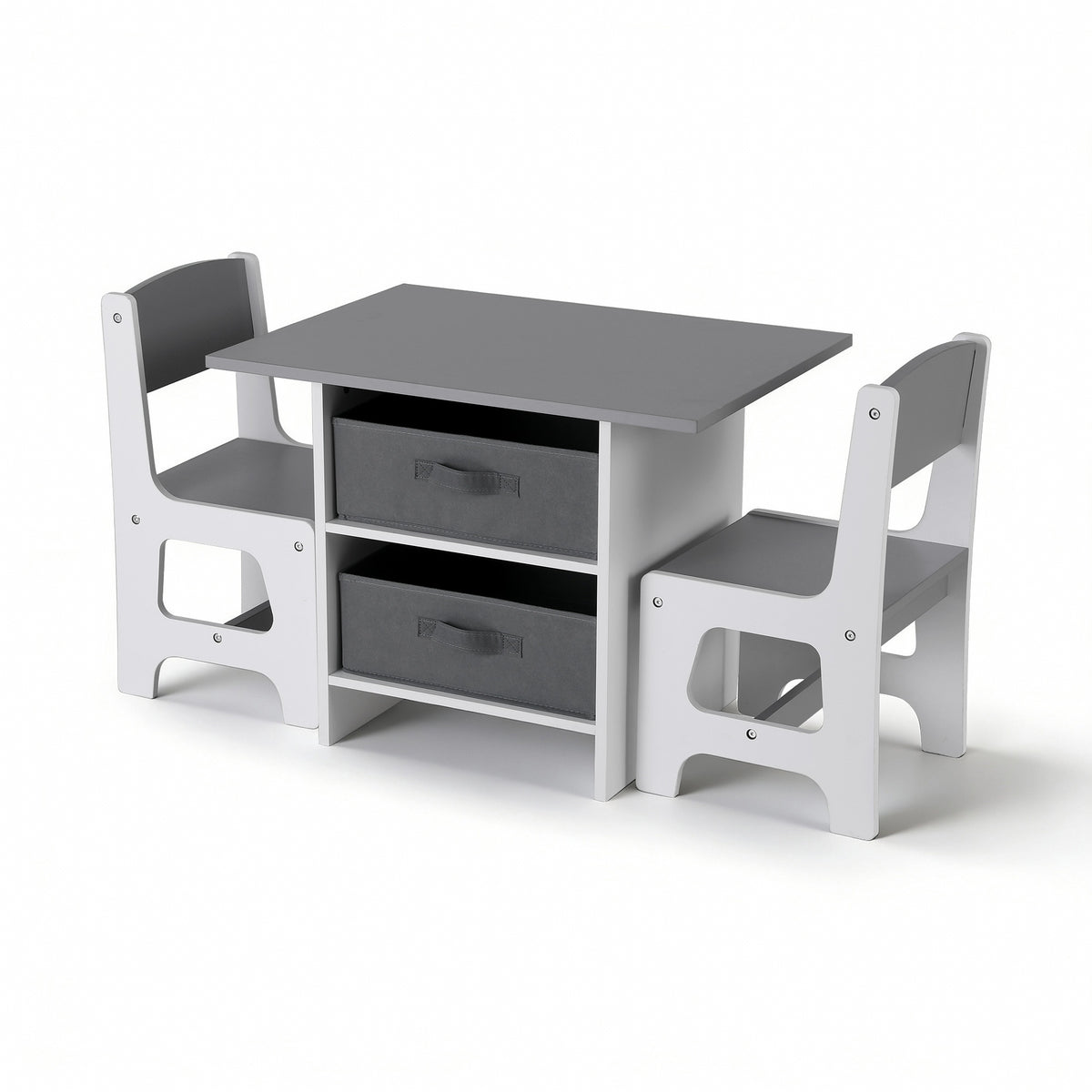 Kids Activity Table Set 3pc | Wooden Table + 2 Chairs | 2 Storage Drawers | Grey