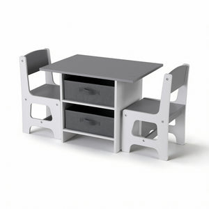 Kids Activity Table Set 3pc | Wooden Table + 2 Chairs | 2 Storage Drawers | Grey