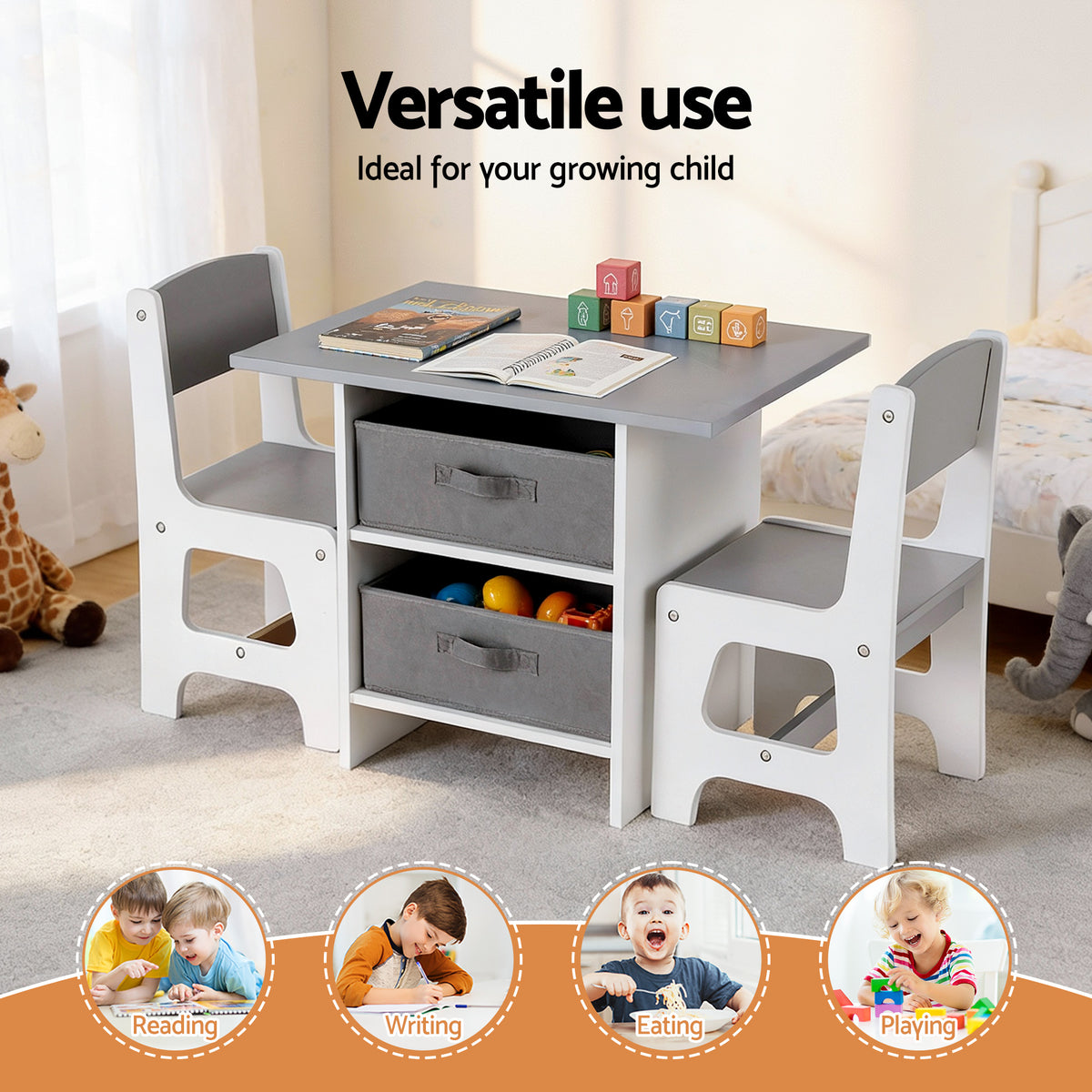 Kids Activity Table Set 3pc | Wooden Table + 2 Chairs | 2 Storage Drawers | Grey