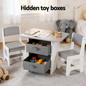 Kids Activity Table Set 3pc | Wooden Table + 2 Chairs | 2 Storage Drawers | Grey