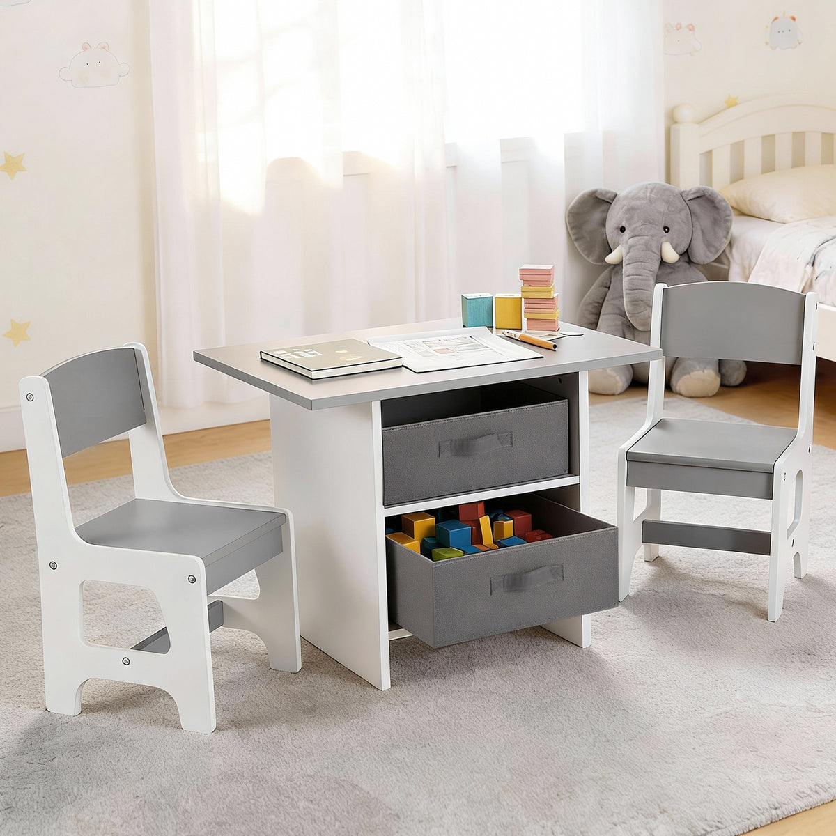 Kids Activity Table Set 3pc | Wooden Table + 2 Chairs | 2 Storage Drawers | Grey