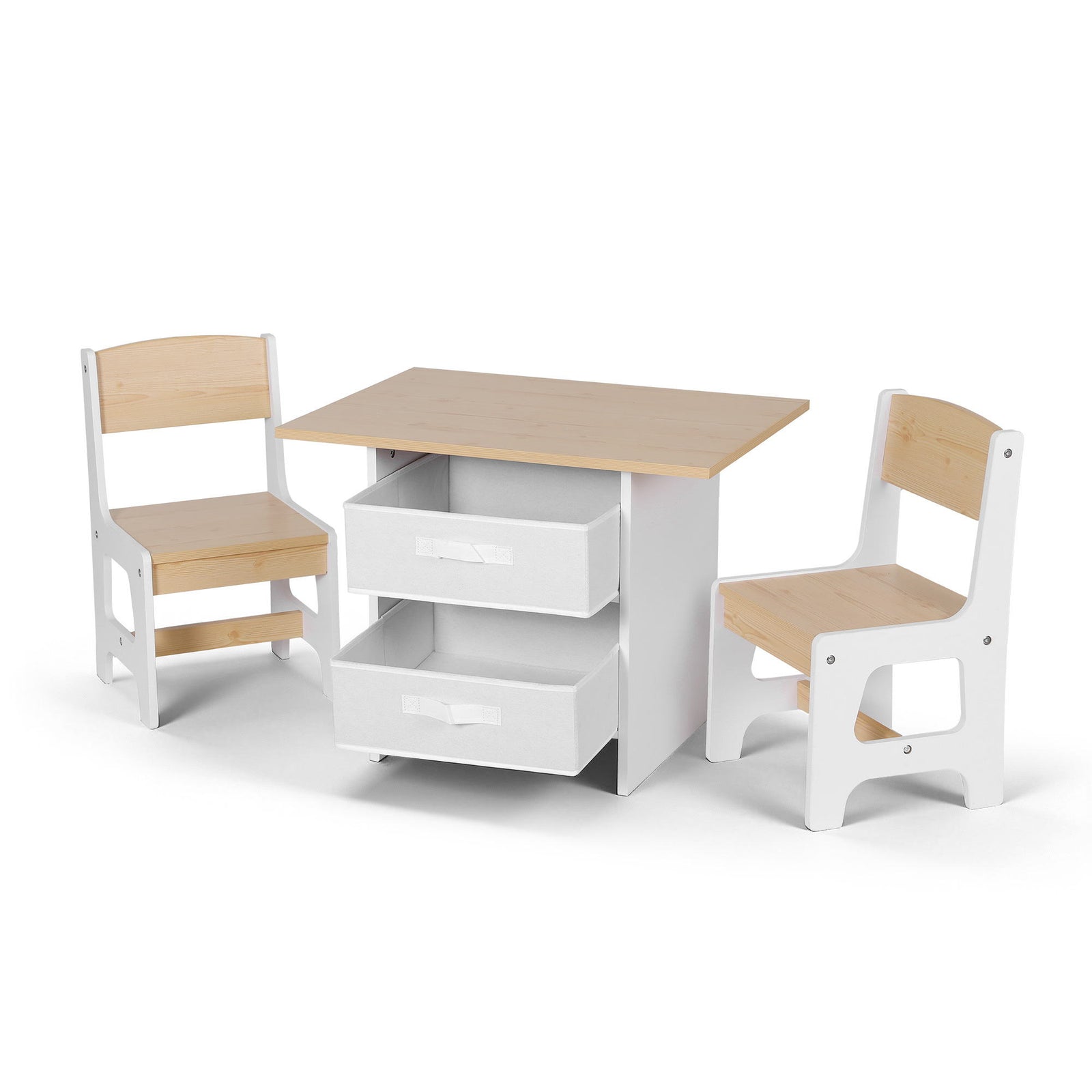 Kids Activity Table Set 3pc | Wooden Table + 2 Chairs | 2 Storage Drawers | Natural