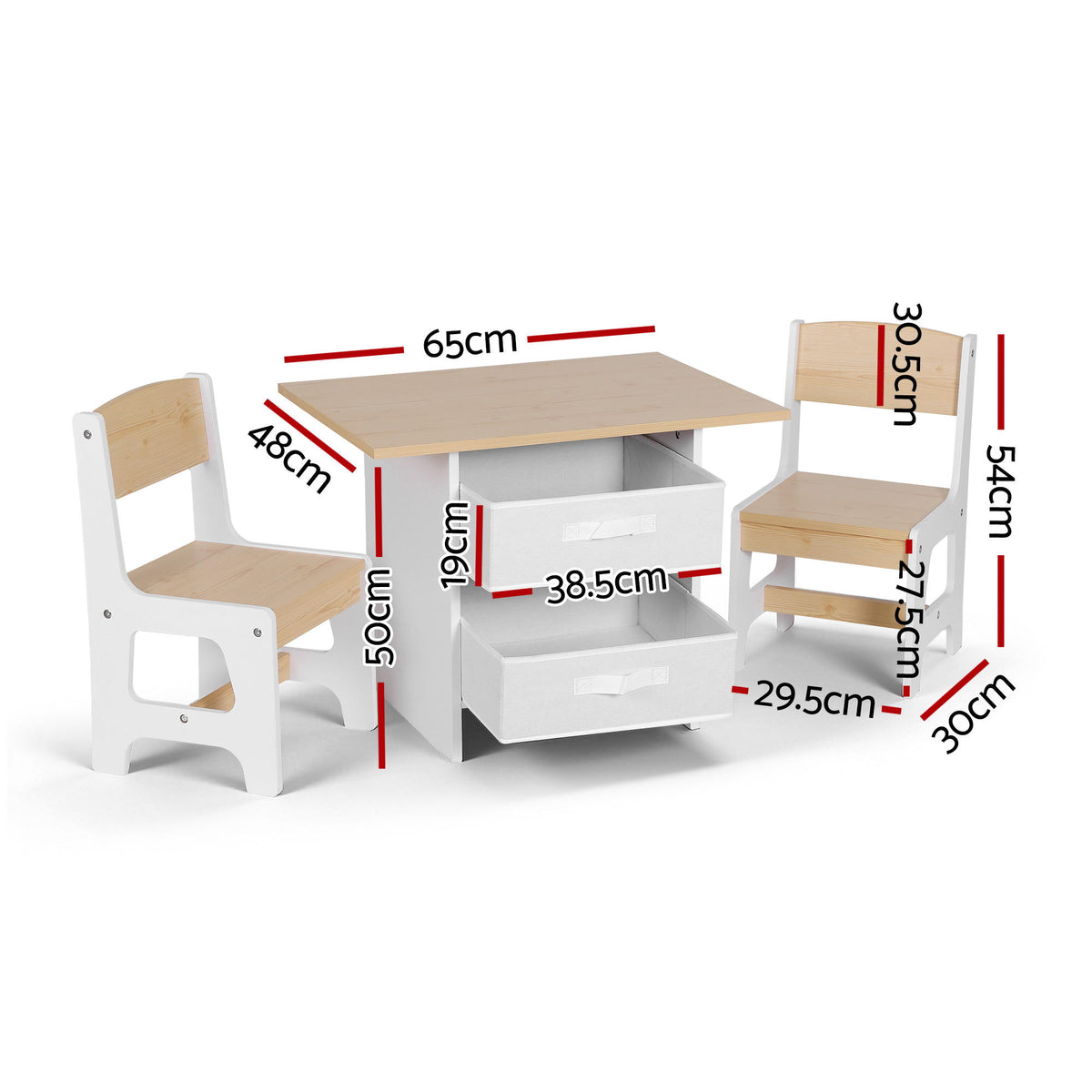 Kids Activity Table Set 3pc | Wooden Table + 2 Chairs | 2 Storage Drawers | Natural