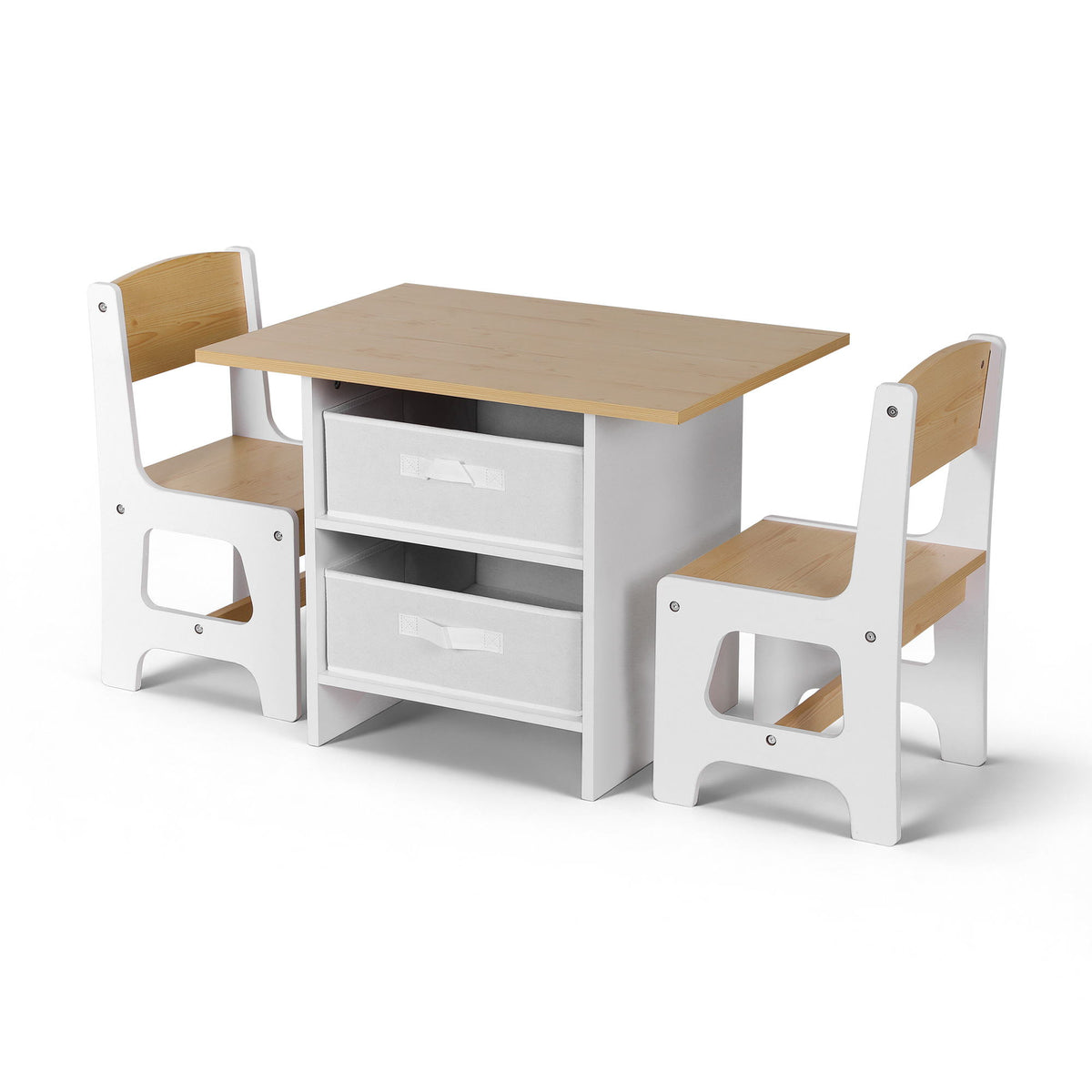Kids Activity Table Set 3pc | Wooden Table + 2 Chairs | 2 Storage Drawers | Natural