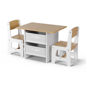 Kids Activity Table Set 3pc | Wooden Table + 2 Chairs | 2 Storage Drawers | Natural
