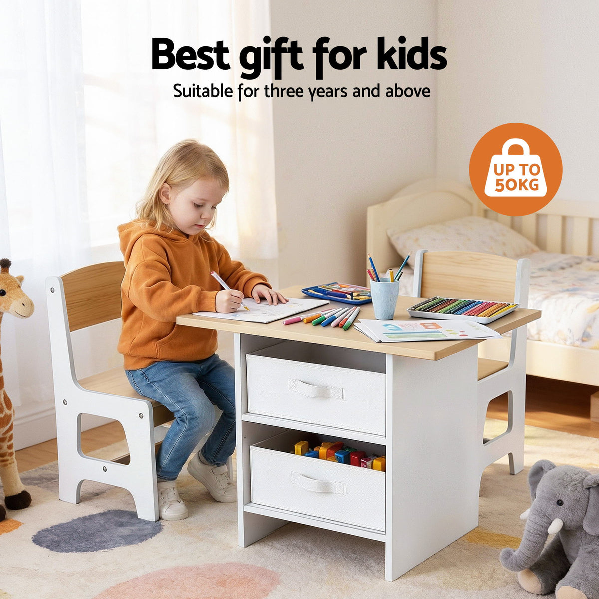 Kids Activity Table Set 3pc | Wooden Table + 2 Chairs | 2 Storage Drawers | Natural