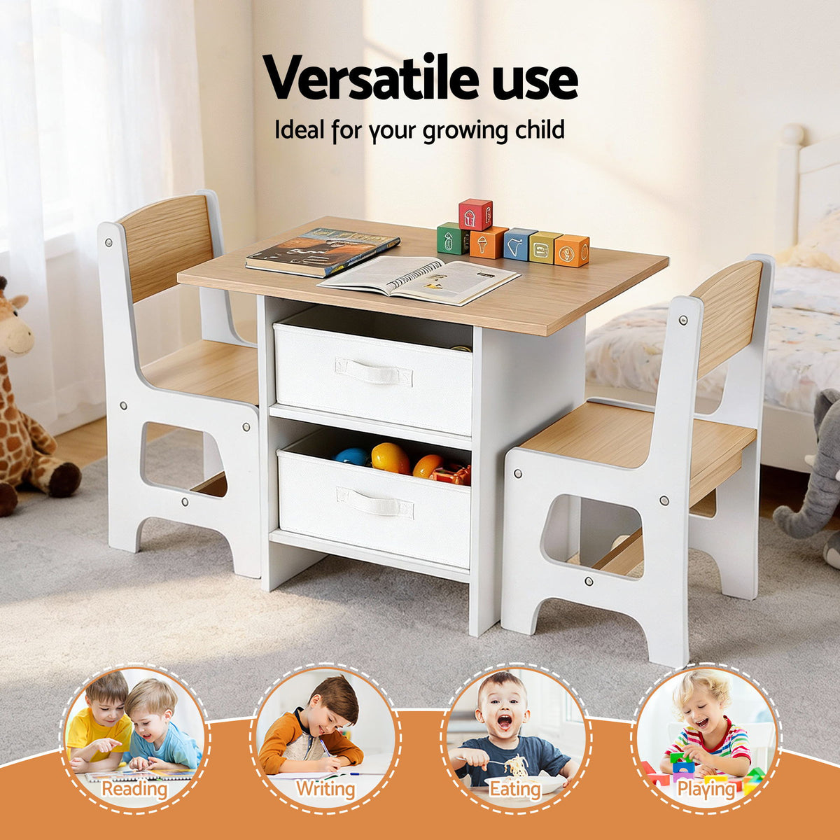 Kids Activity Table Set 3pc | Wooden Table + 2 Chairs | 2 Storage Drawers | Natural