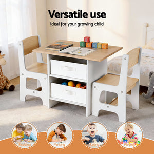 Kids Activity Table Set 3pc | Wooden Table + 2 Chairs | 2 Storage Drawers | Natural
