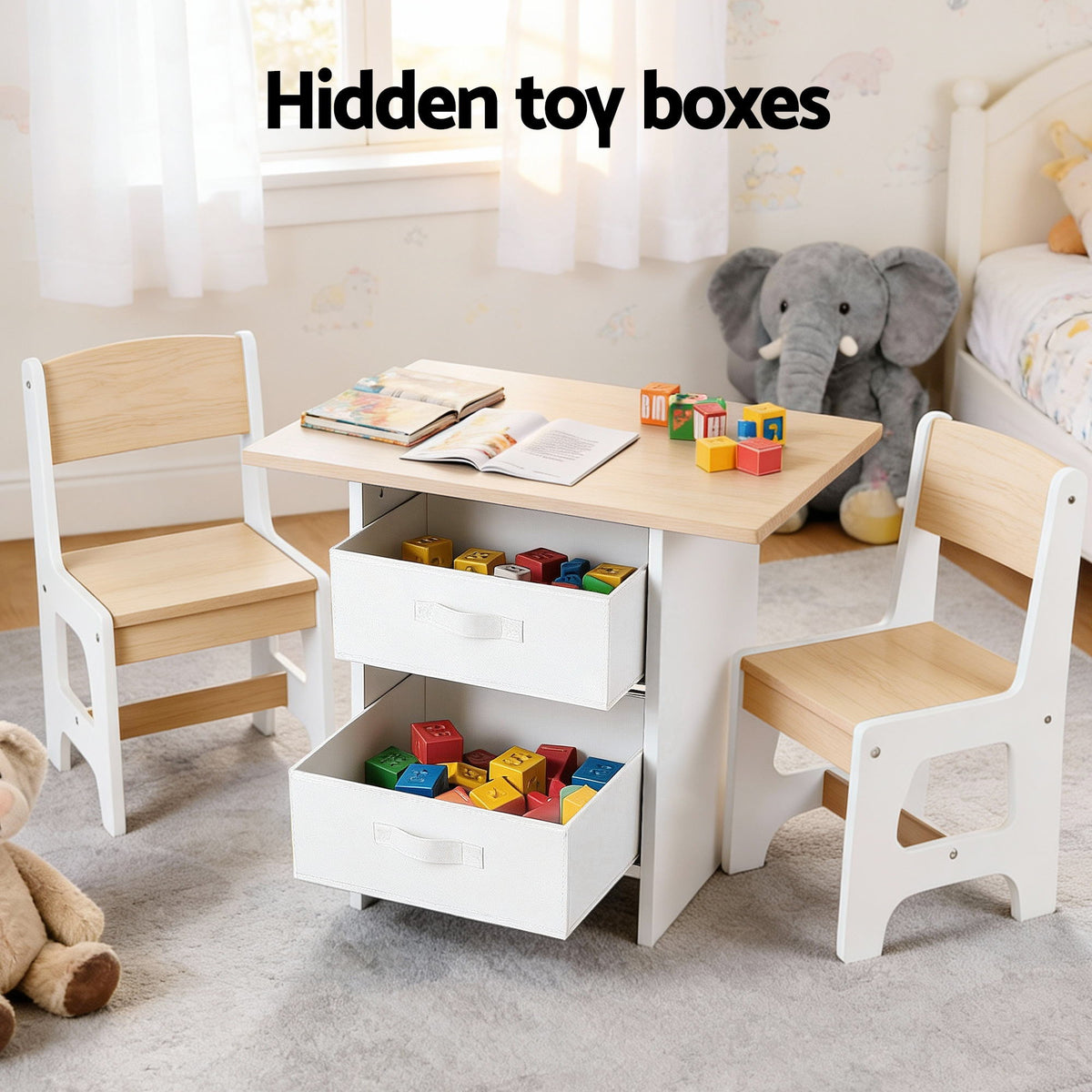 Kids Activity Table Set 3pc | Wooden Table + 2 Chairs | 2 Storage Drawers | Natural