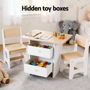 Kids Activity Table Set 3pc | Wooden Table + 2 Chairs | 2 Storage Drawers | Natural