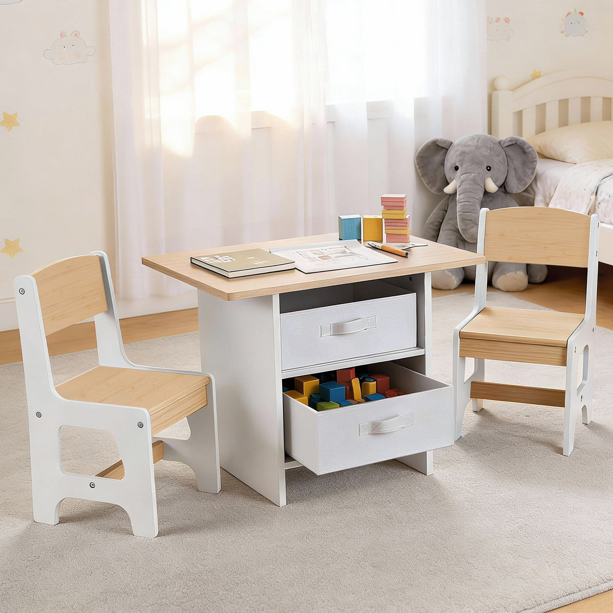 Kids Activity Table Set 3pc | Wooden Table + 2 Chairs | 2 Storage Drawers | Natural