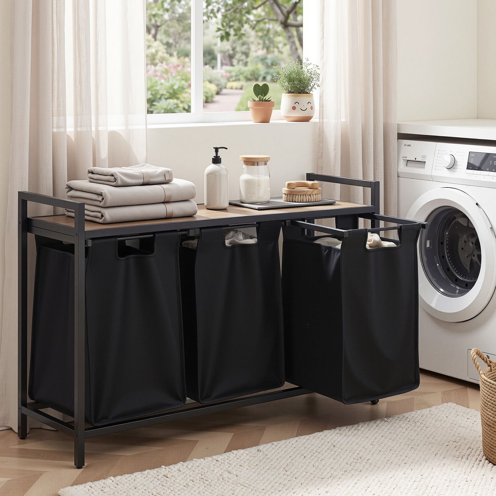 Laundry Basket | 3 Pull-Out Bags & Metal Frame | Black