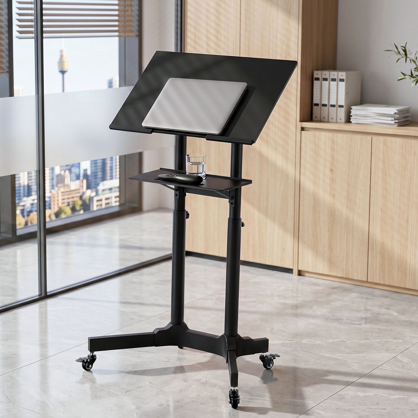 Mobile Lectern Stand | Adjustable Sit-to-Stand Presentation Podium | Black