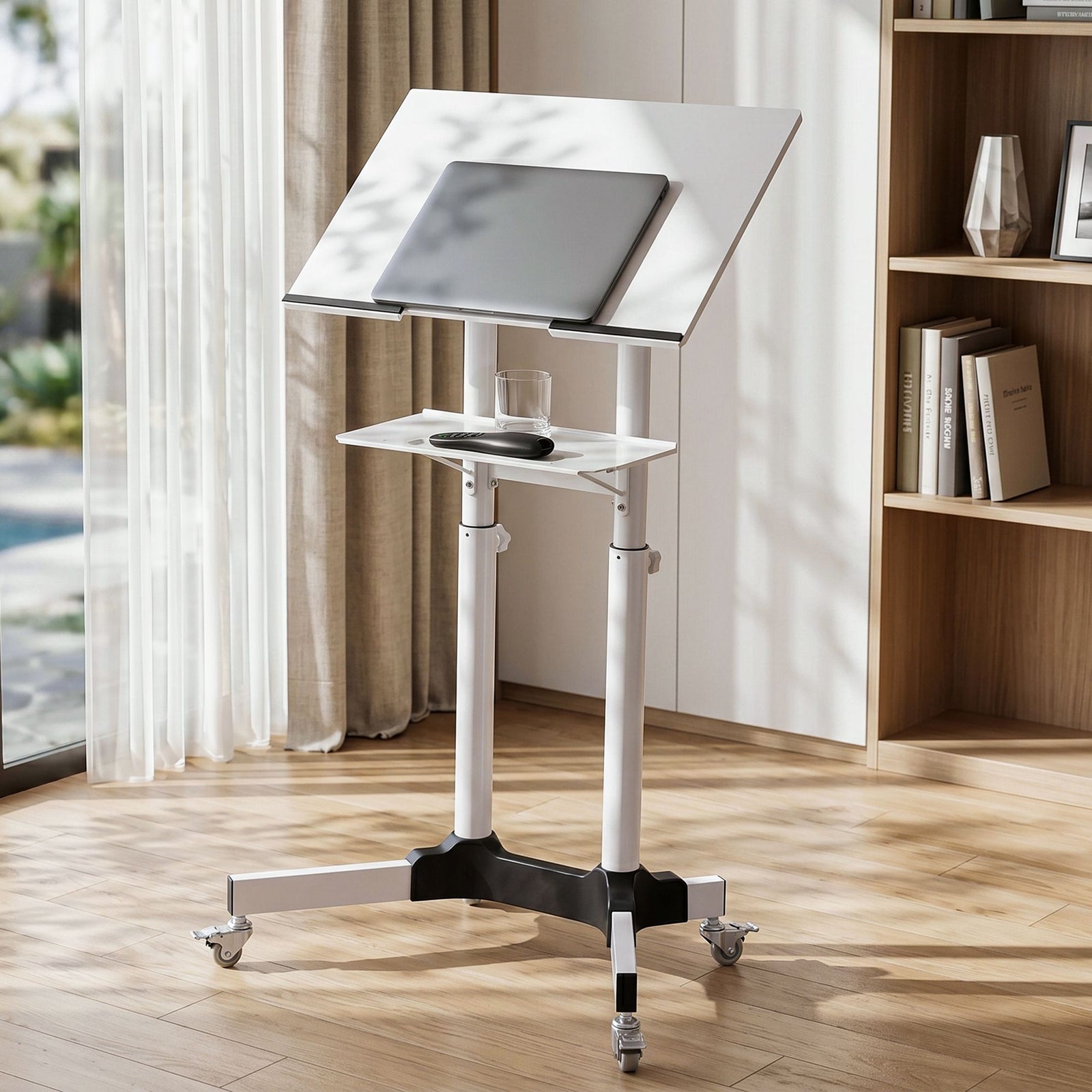 Mobile Lectern Stand | Adjustable Sit-to-Stand Presentation Podium | White