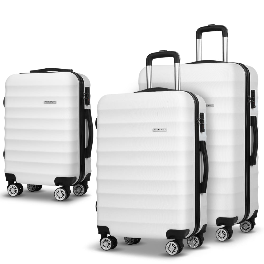 Wanderlite 3pcs Luggage Trolley | Travel Suitcase Set | TSA | Hard Shell Case | Strap | White