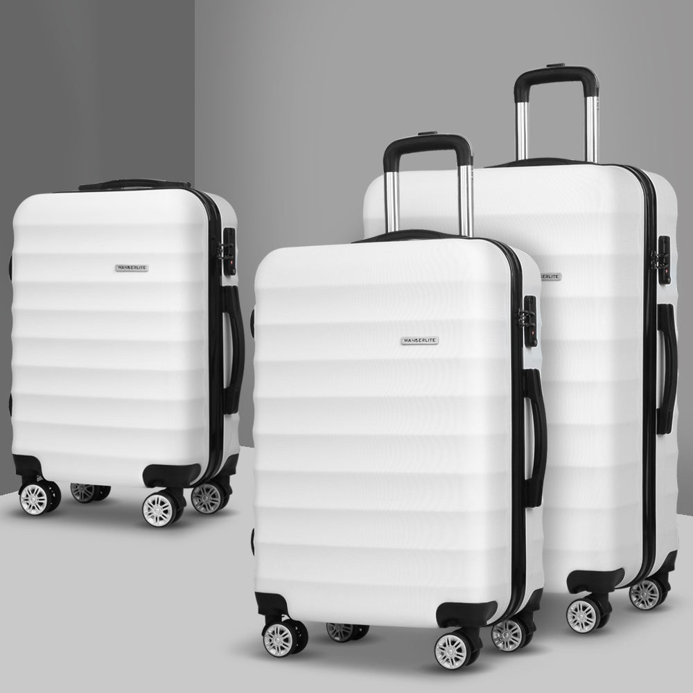 Wanderlite 3pcs Luggage Trolley | Travel Suitcase Set | TSA | Hard Shell Case | Strap | White