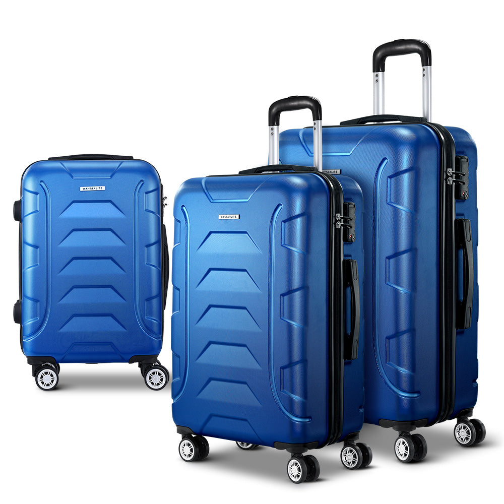 Wanderlite 3pc Luggage Trolley | Travel Suitcase Set | TSA | Hard Shell Case | Strap | Blue