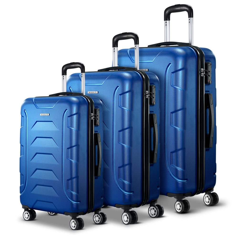 Wanderlite 3pc Luggage Trolley | Travel Suitcase Set | TSA | Hard Shell Case | Strap | Blue