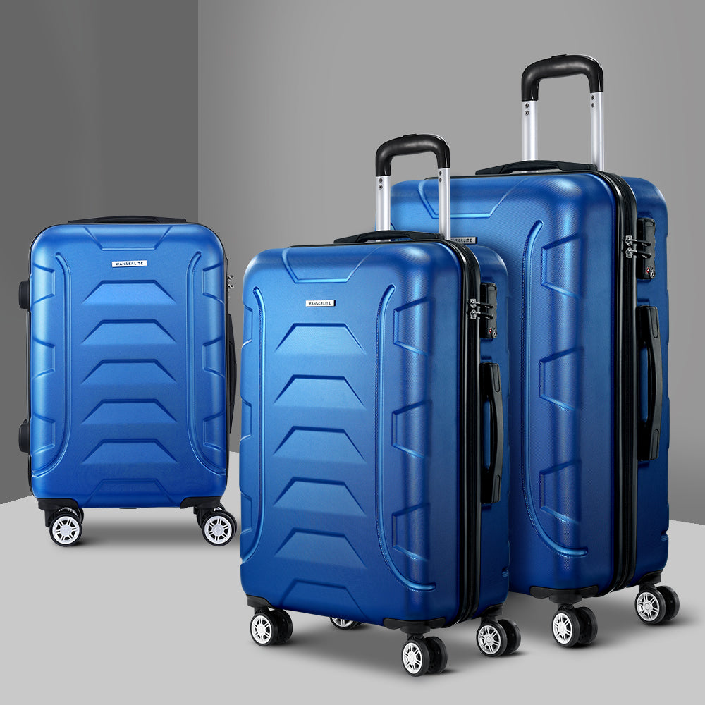 Wanderlite 3pc Luggage Trolley | Travel Suitcase Set | TSA | Hard Shell Case | Strap | Blue