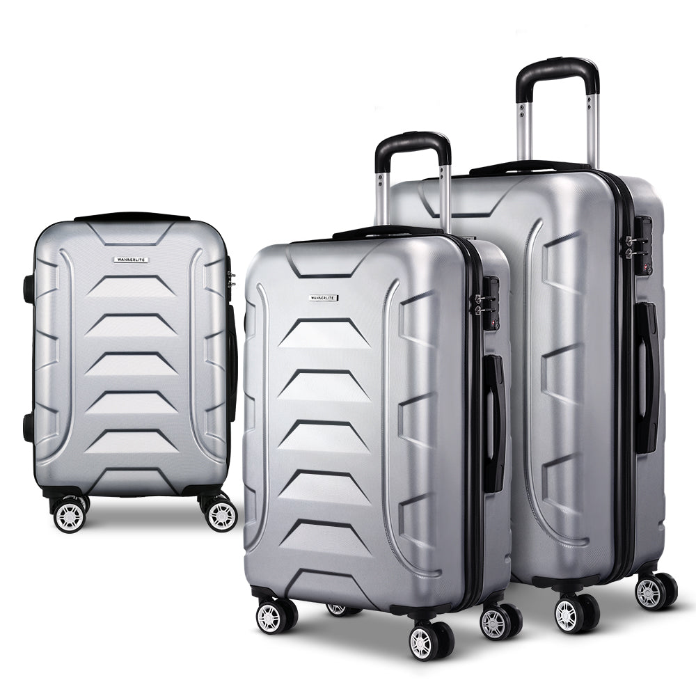 Wanderlite 3pc Luggage Trolley | Travel Suitcase Set | TSA | Hard Case Shell | Strap | Silver