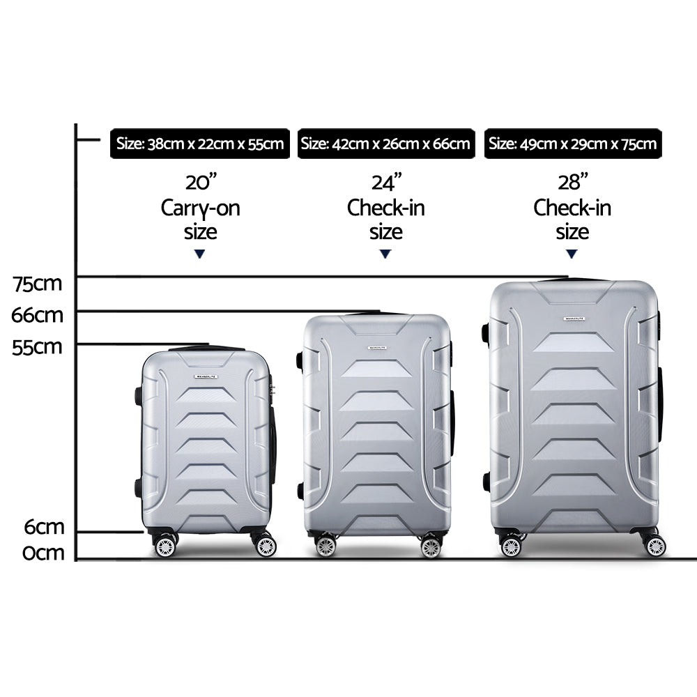 Wanderlite 3pc Luggage Trolley | Travel Suitcase Set | TSA | Hard Case Shell | Strap | Silver