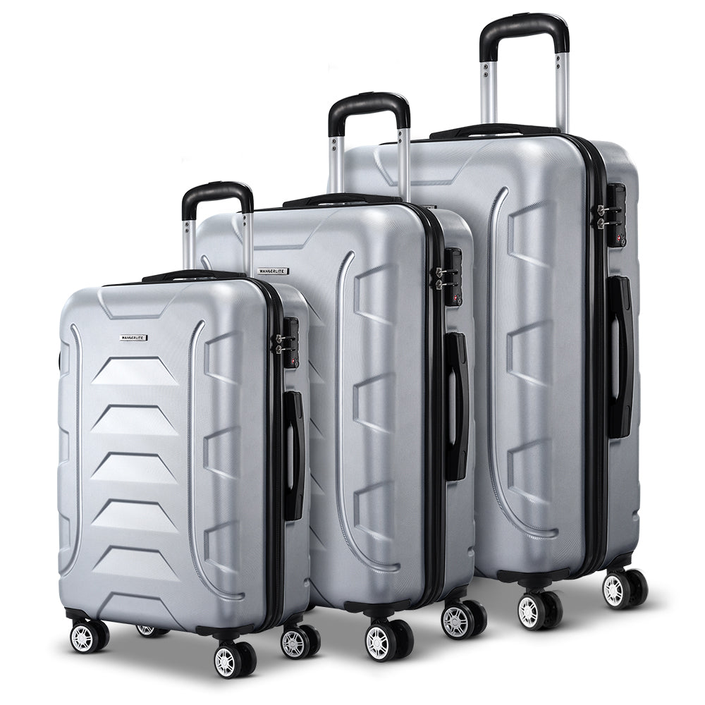 Wanderlite 3pc Luggage Trolley | Travel Suitcase Set | TSA | Hard Case Shell | Strap | Silver