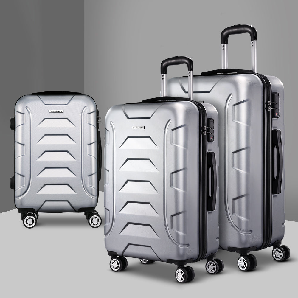 Wanderlite 3pc Luggage Trolley | Travel Suitcase Set | TSA | Hard Case Shell | Strap | Silver