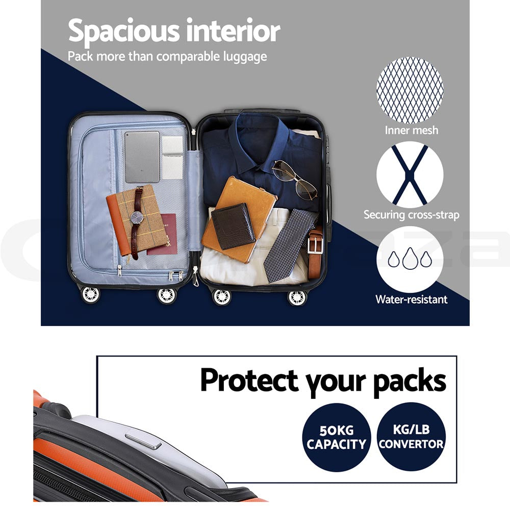 Wanderlite 3pc Luggage Trolley | Travel Set | Suitcase | Carry On | TSA Lock | Hard Case | Lightweight | Orange
