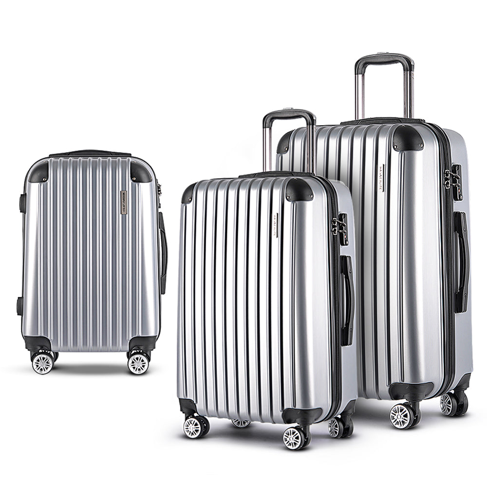 Wanderlite 3pc Luggage Trolley | Travel Set | Suitcase | Carry On | TSA Lock | Hard Case | Lightweight | Silver