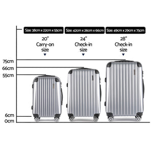 Wanderlite 3pc Luggage Trolley | Travel Set | Suitcase | Carry On | TSA Lock | Hard Case | Lightweight | Silver