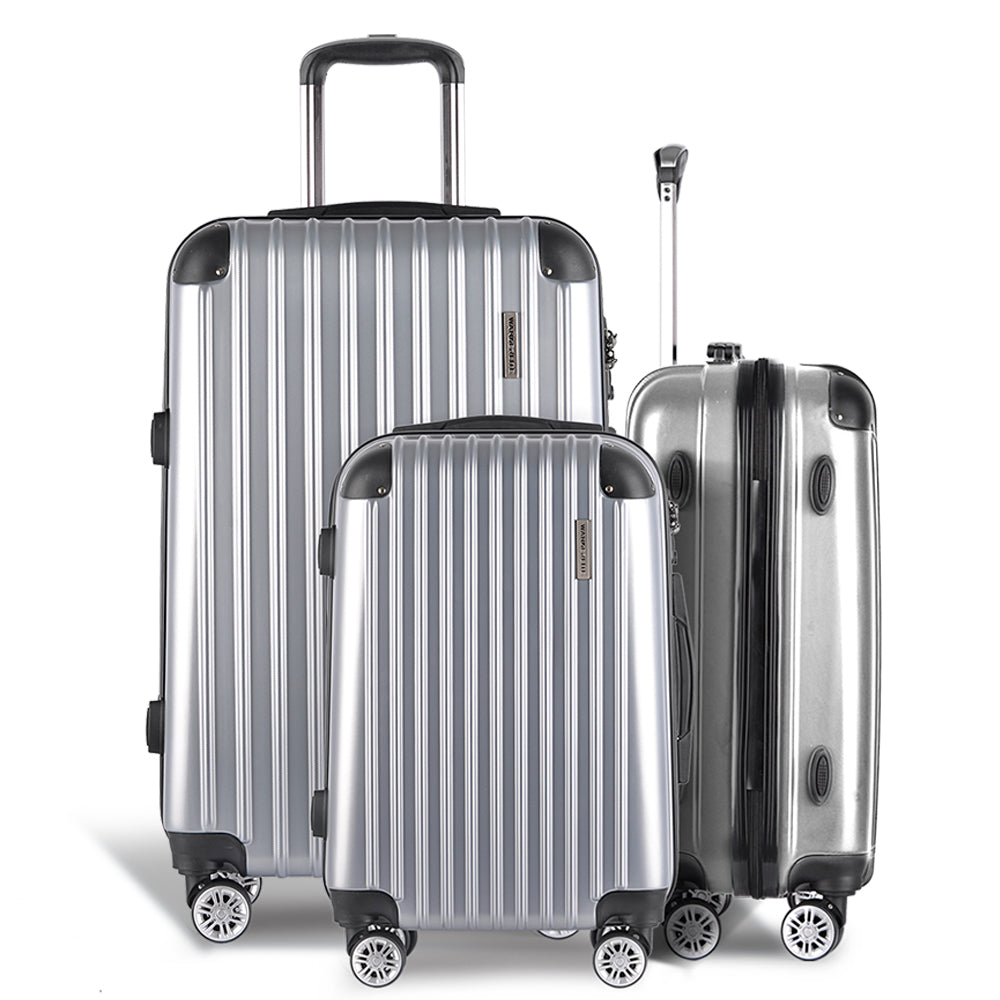 Wanderlite 3pc Luggage Trolley | Travel Set | Suitcase | Carry On | TSA Lock | Hard Case | Lightweight | Silver