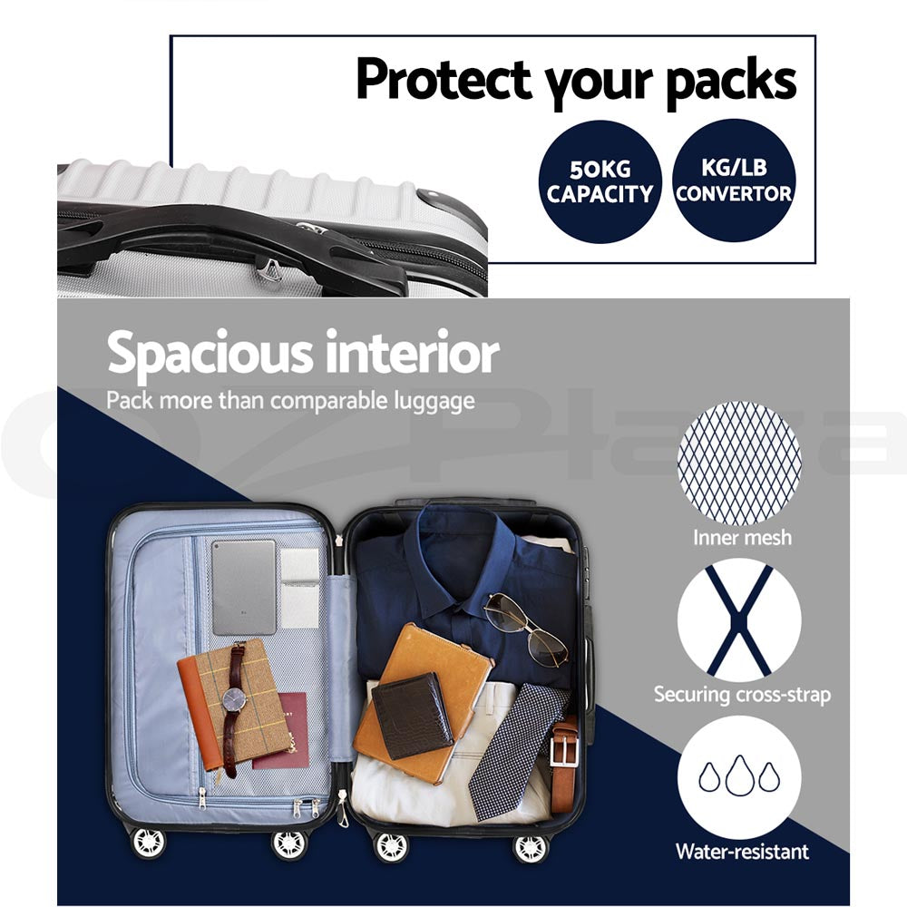 Wanderlite 3pc Luggage Trolley | Travel Set | Suitcase | Carry On | TSA Lock | Hard Case | Lightweight | Silver