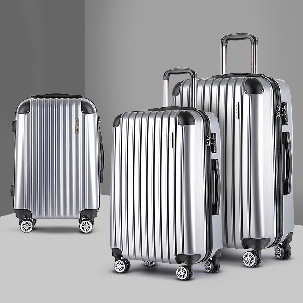 Wanderlite 3pc Luggage Trolley | Travel Set | Suitcase | Carry On | TSA Lock | Hard Case | Lightweight | Silver