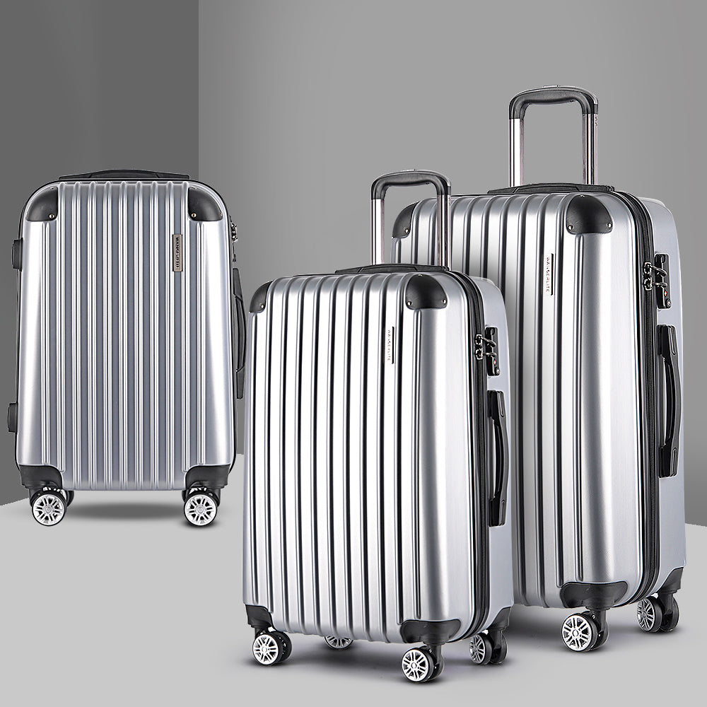 Wanderlite 3pc Luggage Trolley | Travel Set | Suitcase | Carry On | TSA Lock | Hard Case | Lightweight | Silver