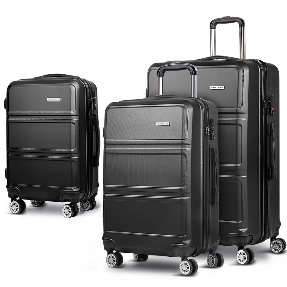 Wanderlite 3pc Luggage Trolley Set | Suitcase Travel | TSA Carry On | Hard Case | Lightweight | Black
