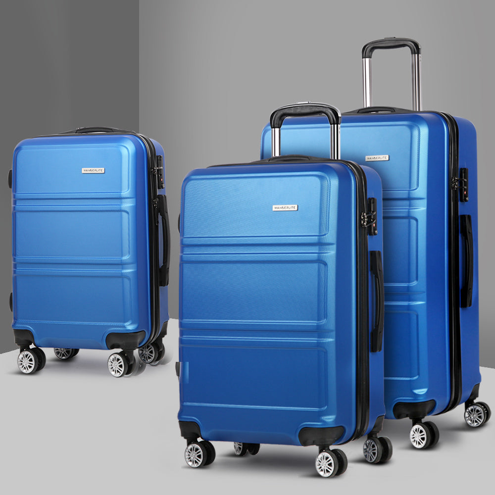Wanderlite 3pc Luggage Trolley Set | Suitcase Travel | TSA Carry On | Hard Case | Lightweight | Blue