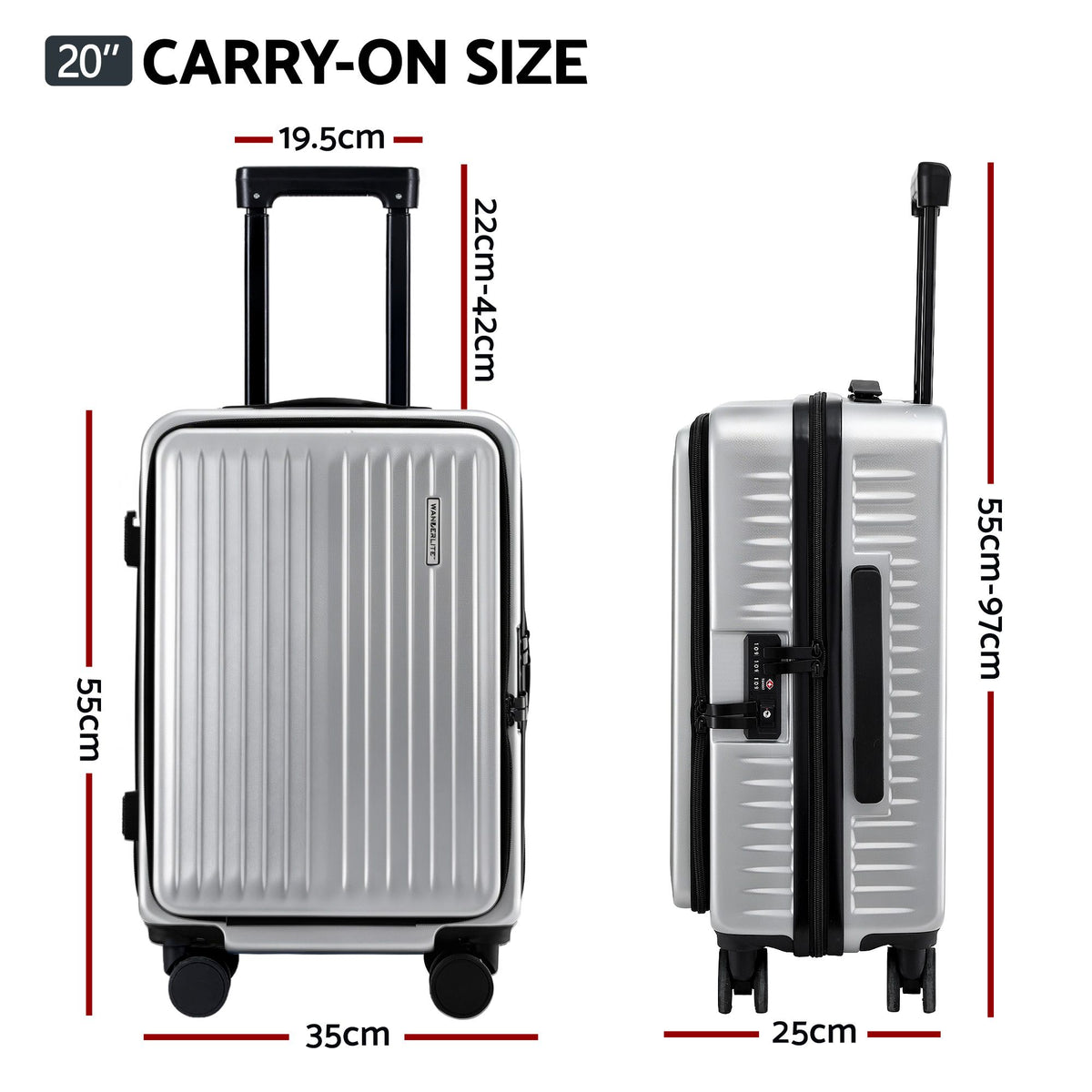 20in Carry On Luggage | Front Pocket | Dual TSA Lock | Silver