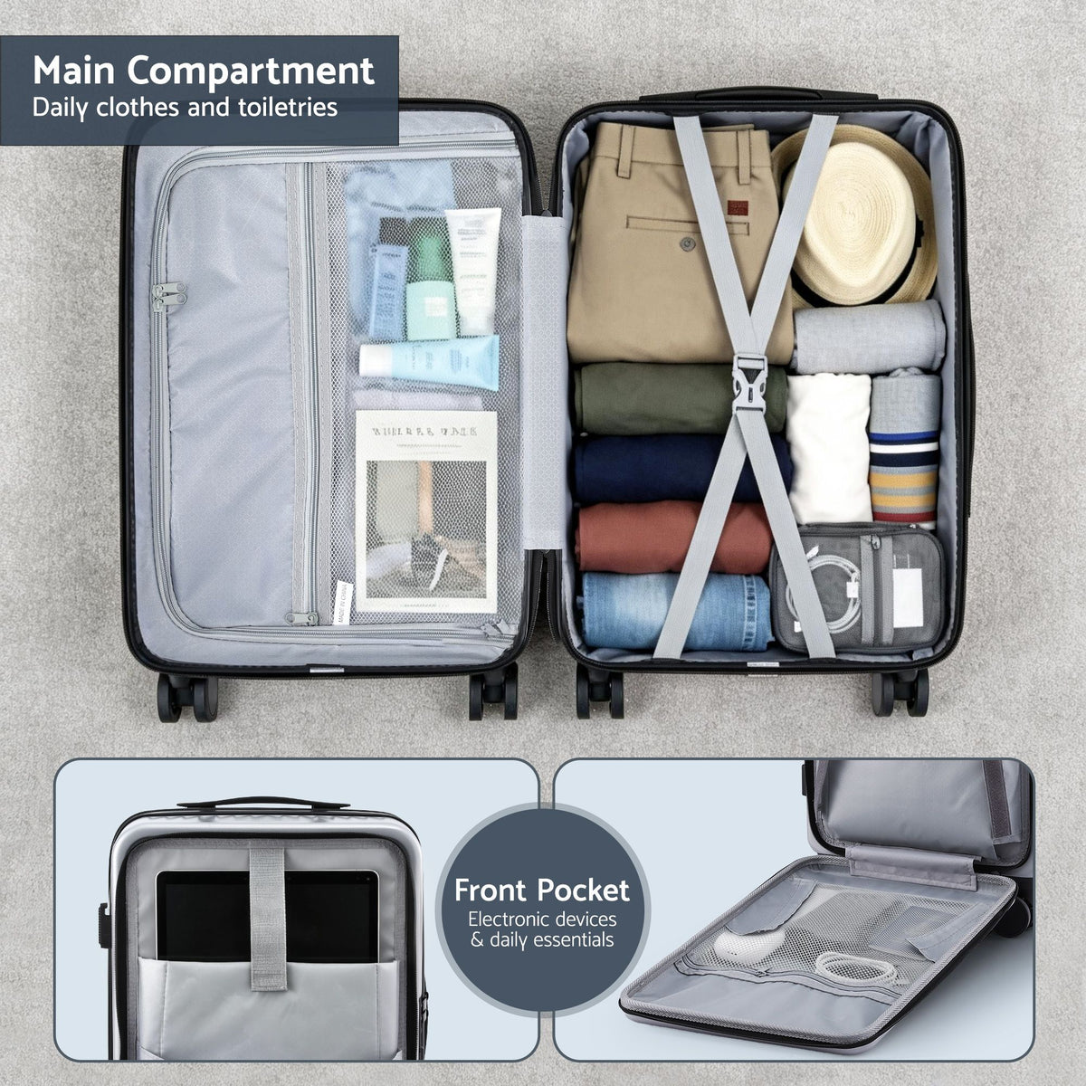 20in Carry On Luggage | Front Pocket | Dual TSA Lock | Silver